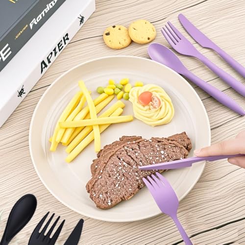 Travel Utensils Set - Reusable 5 Sets Wheat Straw Plastic Cutlery with Case , Portable Forks Spoons and Knives Set , Eco-Friendly BPA Free for Daily Use (Grey,Red,Purple,2 Black) - color: Grey,Red,Purple,2 Black