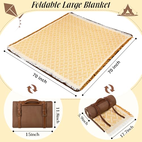 VitalCozy Waterproof Picnic Blankets 71×71 inch Outdoor Blanket Foldable 2 in 1 Double Layer Sandproof Beach Mat with Carry Strap for Camping Lawn Park Beach Grass(Yellow) - color: Yellow White