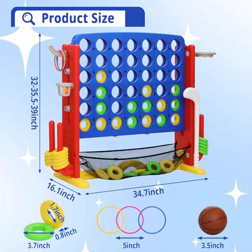 Giant 4-in-A Row Connect Game Set, Height Adjust Jumbo Yard Game for Kids & Adults w/Mesh Catching Bag, Basketball Hoop, Ring Toss & Mini Golf, Family Party 4-to-Score Indoor/Outdoor Games - color: Blue Red