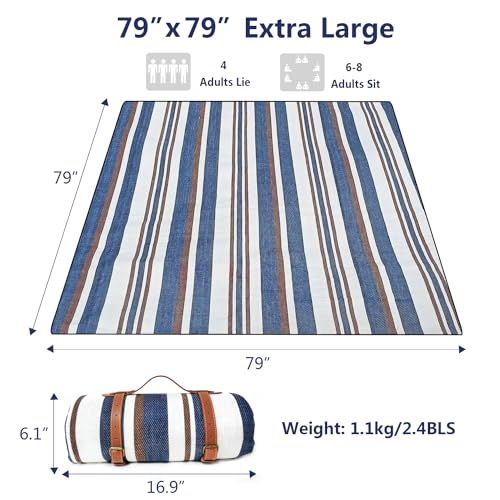 79”x79” Picnic Blanket Extra Large, Waterproof and Foldable Beach Blanket, 3-Layer Outdoor Blanket for 6 to 8 Adults, for Camping, Park, Beach, Grass, Indoors - color: Mocha and Blue Stripe