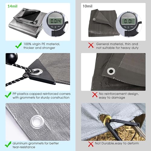 Yescom 18x24FT 14-Mil Plastic Tarp Waterproof Heavy Duty Tarpaulin with Eyelets Reversible Tear Resistant Shade Canopy Boat Pickup Truck Bed Cover - color: 14mil-1pc-silver, size: 18X24 Ft