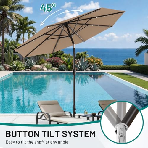 AreShark 9FT Patio Umbrella with Solar Lights, 32 Lighted Pool Umbrella w/Tilt and Crank, Outdoor Market Solar Umbrellas for Garden, Deck, Backyard, Pool and Beach, Beige - color: Beige, size: 9 Ft