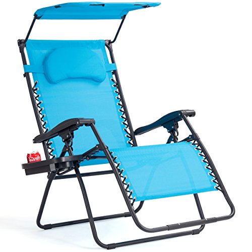 Goplus Zero Gravity Chairs, X-Large Folding Lounge Lawn Chair w/Canopy Shade & Cup Holder, Adjustable Folding Patio Recliner for Pool Porch Deck Oversize (Blue) - color: Blue Zero Gravity Chair