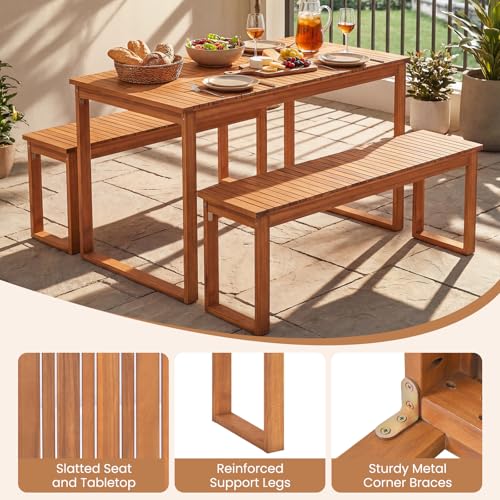 Tangkula 3 Pieces Patio Wooden Dining Set, Acacia Wood Rectangular Picnic Beer Table with 2 Benches for 4 People, Outdoor Dinner Furniture Set for Backyard, Garden and Poolside