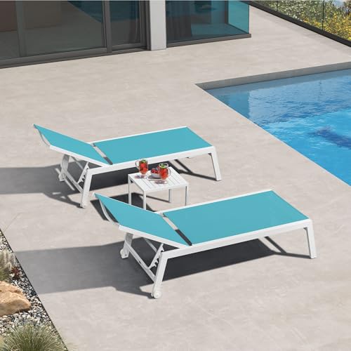 PURPLE LEAF Patio Lounge Chair 2 Pieces White Aluminum Outdoor Chaise Lounge for Pool Backyard Beach with Wheels and Table, Turquoise - color: Turquoise, style: Standard Inclining-leg
