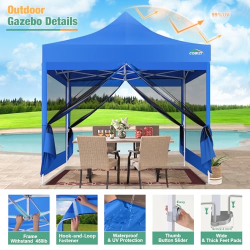 COBIZI Canopy Tent 10x10 Heavy Duty, Pop Up Gazebo with Netting Screened, Waterproof Ez up Canopy with Sidewalls, Outdoor Instant Screen House Tent for Party, Backyard, Wedding, Birthday, Blue - color: Blue, size: 10x10FT