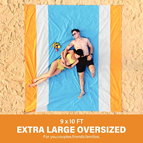 Famstar Beach Blanket Oversized Extra Large 10'X 9',Waterproof Sandproof Beach Blanket 2-8 Adults Lightweight Durable for Travel Camping Hiking Picnic (10'X 9', Orange&Blue)
