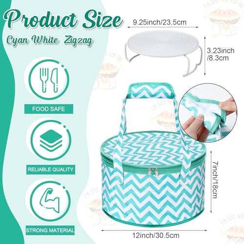Pickmesh Round Pie Carrier 12 x 7 Inch Insulated Casserole Carriers with Lid and Detachable Handle for Hot or Cold Food Cake Transport Thanksgiving Christmas Gift(Cyan White Zigzag) - color: Cyan White Zigzag