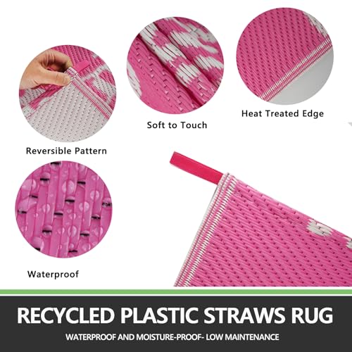 Capslpad 5x8 Outdoor Rug Waterproof Pink Boho Floral Patio Carpet Portable Plastic Straw Rug Foldable Outside Carpet with Carry Bag for RV Backyard Balcony Bench Picnic Porch - color: Pink, size: 5' x 8' (Rectangular)