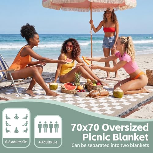 2 in 1 Extra Large Boho Beach Blanket Towel Sand Free Outdoor Picnic Mat Giant Oversized Xl Big Jumbo Huge Turkish Woven Throw Cloud Summer Vacation Essential Travel Must Have Accessories Women Gift - color: Checkered Brown