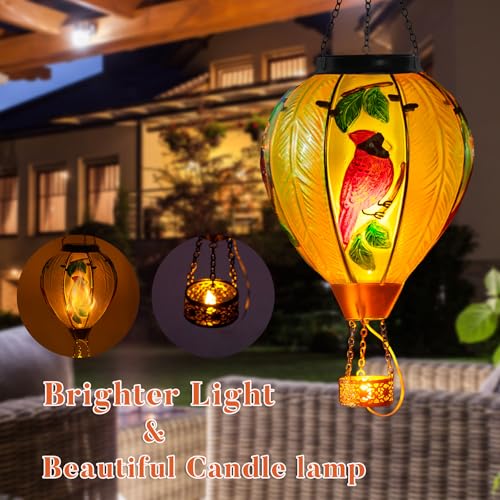 Large Hot Air Balloon Cardinal Solar Lantern Lights with Flame, Green Glass Balloon Lantern Waterproof Outdoor Decor for Garden Yard Patio, Birthday Mother's Day Gifts for Moms Women - color: Cardinal Green
