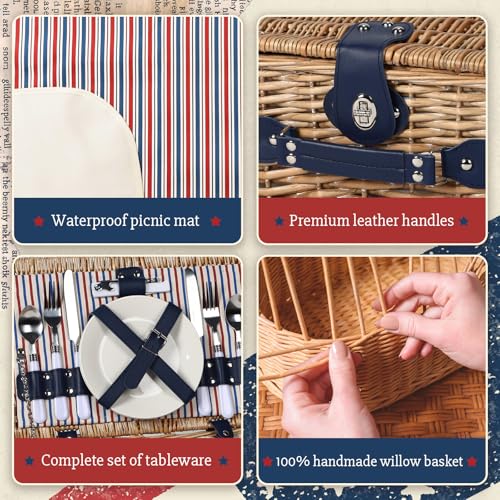 Wicker Picnic Basket for 2 with Waterproof Picnic Blanket and Insulated Bag Classic Red, White and Blue Stripes for Soccer Game, Camping, Travel, Birthday Gift, Wedding Gift - color: Red White and Blue Stripes