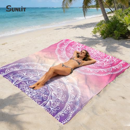 Sunlit Silky Soft Sand Proof Beach Blanket 106"x81" / 85"x72" Sand Proof Mat with Corner Pockets and Mesh Bag for Beach Party, Travel, Camping and Outdoor Music Festival, Mandala - color: Purple Red, size: 85"x72"