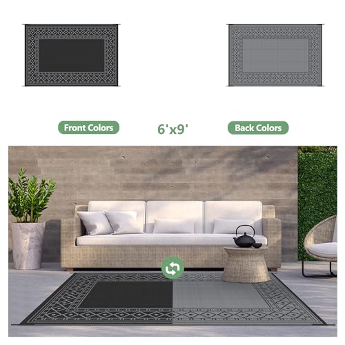 GENIMO Outdoor Rug Waterproof 6'x9' for Patio, Foldable Reversible Plastic Straw Carpet for Travel Trailers, Outside Area Mat for Rv, Deck, Picnic, Porch, Camper, Balcony, Beach, Black & Grey - color: Black & Grey | Natural, size: 6' x 9' (Rectangular)