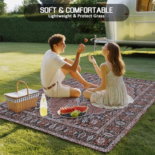 Outdoor Rug 4x6ft, Medieval Boho Abstract Flower Indoor Area Rug for Patio Backyard Deck Large Floor Mat, Vintage Ethnic Geometric Style Non-Slip Outside Carpet Balcony Porch Camping Rugs Picnic Mat - color: Indianred, size: 4' x 6' (Rectangular)