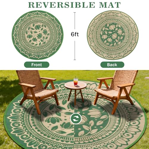 6ft Round Waterproof Outdoor Patio Rug, Reversible Eco-Friendly Plastic Woven Rug, Boho Floral Pattern All-Weather Mat & Picnic Mat for RV, Camping, Deck, Porch, Backyard and Garden, Green - color: Green Flower, size: 6' (Round)