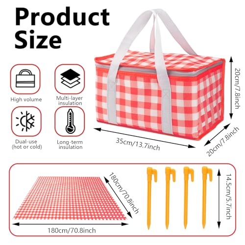 Huakaile Insulated Picnic Baskets 13.8*7.9*7.9 In with Picnic Blanket 70.9*70.9 In, Portable Waterproof Insulated Bags, Cooler Bags Beach Bags for Hot or Cold Outdoor Activity Beach Camping (Red)