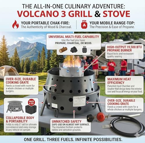 Volcano 3 Collapsible Portable Grill/Stove, Propane, Charcoal and Wood, 19500 BTU Burner, 13 Inch Cooking Surface, Camping Stove for Backpacking, Hiking, Picnic and BBQ, Carry Bag and Hose Included - style: Volcano 3 – Base Grill