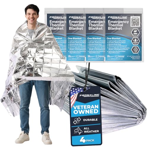 FRONTLINE Mylar Emergency Blankets 54" x 84" | Lightweight Thermal Survival Space Blanket, Waterproof & Windproof Foil Blanket for Camping, Hiking, First Aid & Disaster Preparedness (4)