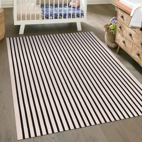 LEEVAN Black and White Striped Patio Outdoor Rug 5x8, Washable Living Room Bedroom Area Rug, Soft Cotton Blend Sturdy Carpet for Kitchen, Dining Room, Playroom, Mudroom, Sunroom - color: Black and White, size: 5' x 7'10" (Rectangular)