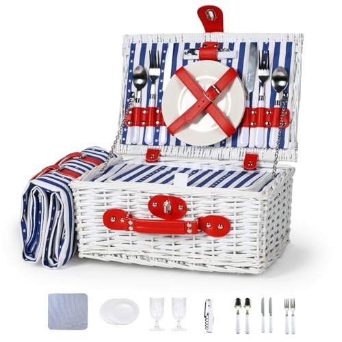 Wicker Picnic Basket for 2 with Waterproof Picnic Blanket and Insulated Bag, Patriotic Red White and Blue Star Pattern for Soccer Game, Camping, Travel, Birthday Gift, Wedding Gift - color: Classic Red White and Blue - 1