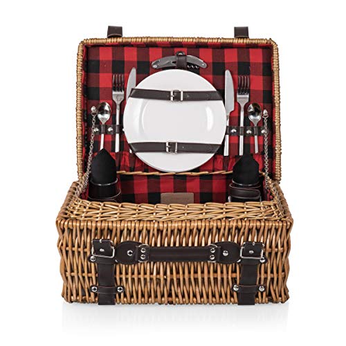 Picnic TIME Champion Picnic Basket for 2, Large Wicker Hamper Set with Cutlery Service Kit (Red & Black Buffalo Plaid Pattern) - color: Red & Black Buffalo Plaid Pattern