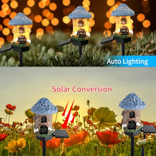 Mushroom Solar Lights Outdoor, Waterproof Fairy Houses Light Mushroom Garden Decor Decorative Solar Powered Garden Stake Lights for Outside Lawn Walkway Patio Yard (Bunkhouse) - color: Brown