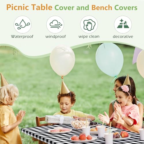 Picnic Table Cover with Bench Covers and Bag, Camping Table Camping Essentials Cover with Elastic Edges(Black) - color: Black