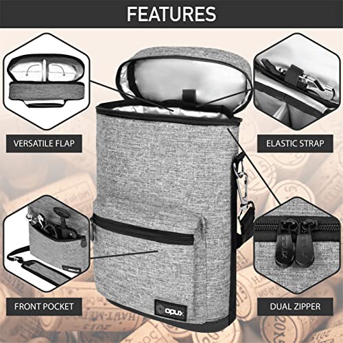 opux Wine Bag 2 Bottle Wine Tote Carrier, Insulated Wine Cooler Bag for Travel Picnic, Leakproof Portable Padded Case, Wine Gifts For Women Men Wine Lovers Christmas, Heather Gray - color: Heather Grey