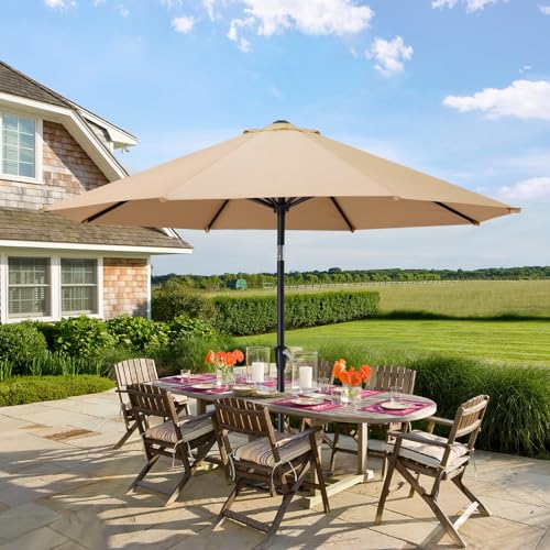 MASTERCANOPY 9FT Patio Umbrella with Push Button Tilt and Crank, Outdoor Market Umbrella with 8 Sturdy Ribs, UV Protection & Waterproof for Garden, Deck, Backyard, Pool (Khaki) - color: khaki, size: 9FT