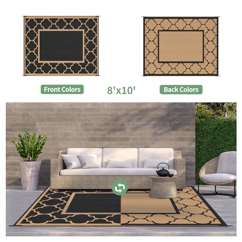 GENIMO Outdoor Rug 8' x 10' Patio Waterproof, Foldable Reversible Plastic Straw Area Rugs Mat for Camper Decor, Outside Carpet for Rv, Deck, Porch, Picnic, Beach, Balcony, Black & Brown - color: Black&brown, size: 8' x 10' (Rectangular)