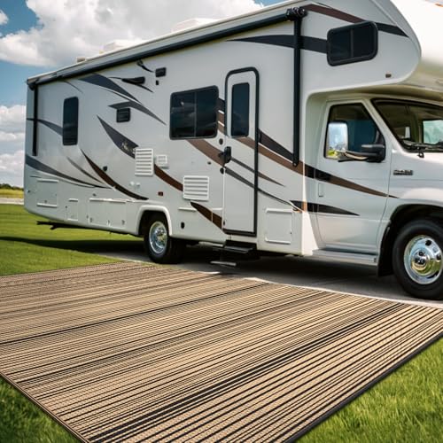 GENIMO Outdoor Rug 10x14 ft Waterproof, Reversible Plastic Straw Patio Rug for RV Camping Mat, Deck, Backyard Balcony Mat - Lightweight & Easy to Clean, BlackBrown - color: Blackbrown, size: 10' x 14' (Rectangular)