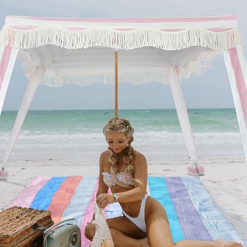 AMMSUN Beach Cabana with Beach Blanket, 7' x 7' Boho Canopy with Tassels, Premium Wood Pole, Fringe Cabana Tent with Sand Pockets, Instant Sun Shade for Sand, Garden, Outdoor, Rose Pink Stripes - color: Rose Pink Stripes with Beach Blanket