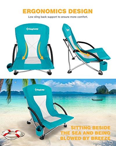 KingCamp Low Seat Beach Chair, Outdoor Camping Folding Chair with Cup Holder, 3 Colors - color: Low Cyan 1