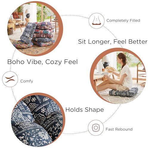 Codi Meditation Floor Pillow Set of 2, Large Pillows Seating for Adults and Kids, Bohemian Cushion for Fireplace Yoga Living Room Sitting, Memory Foam Added, 22x22 Inch Indigo Elephant - color: Square | Indigo Elephant, size: 2 Count (Pack of 1)