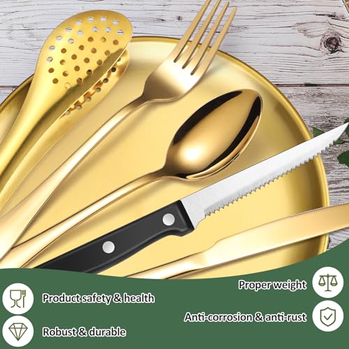 Camping Silverware Kit Cutlery Organizer Utensil Picnic Set Stainless Steel Plate Spoon Clip and Serrated Knife Wine Opener Fork Napkin Hiking - Camp Kitchen BBQ’s - color: Camping Silverware Set-13set-Gold