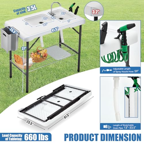 Folding Fish Cleaning Table Portable Camping Double Sinks Table w/2 Dual Water Basins, Faucet Drainage Hose & Sprayer Outdoor Fish Fillet Cleaning Station w/Knife, Storage Box,Black | Portable, Camping, 2 Dual Water Basins, Faucet, Drainage Hose, Sprayer