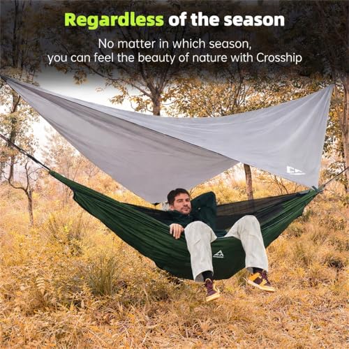 Camping Hammock with Mosquito Net and RainFly Tarp - 2 Person Hammock, Portable Parachute Nylon Hammock for Outdoor, Hiking, Backpacking, Backyard, Travel (Up to 500lbs) - Forest Green - color: Forest Green