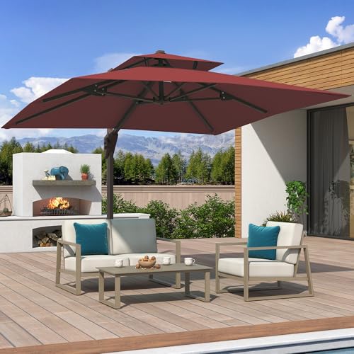 10x10 FT Cantilever Patio Umbrella Double Top Outdoor Square Large Heavy Duty Aluminum Offset Umbrellas with 7 Level Tilt 360-degree Rotation for Pool Garden Deck, Wine Red - color: Wine Red, size: 10' X 10' - Umbrella Only