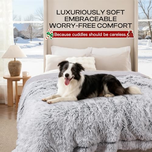 Luciphia Large Waterproof Dog Blanket for Pet Washable Liquid Proof Bed Intimacy Protection Shaggy Plush Calming Long Faux Fur Couch Cover Calming Cat Throw Blankets, Mist Grey, 50" x 60" - color: Mist Grey, size: 50"x60"