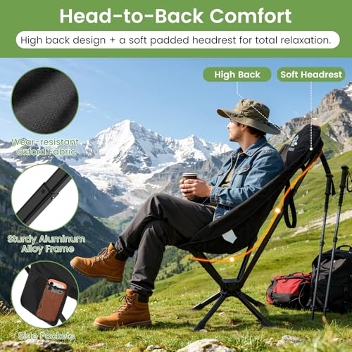 Raynesys 360° Rotation Camping Chair, Compact Hiking Chair with Cup Holder & Storage Pocket, Portable Folding Chairs for Outdoor Activities, High Back Comfort for Long Sitting, 1 Pack Black