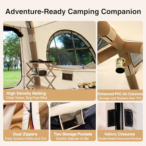 KNUO Inflatable Camping Tent, Large Blow-Up Air Tent, No Assembly Needed Luxury Glamping House, Oxford Fabric - color: Light Beige-Dual-layer Doors, size: 7.8x7.8ft