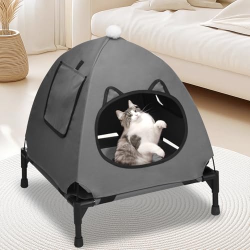 Pozico Elevated Pet Bed with Breathable Mesh for Small Cat and Dog, Raised Cooling Pet Cot for Puppy and Kitty, 18.9x18.9 inch (Dark Gray Bed with Canopy) - color: Dark Gray Bed with Canopy