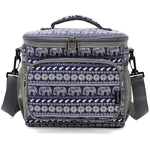 FlowFly Insulated Reusable Lunch Bag Adult Large Lunch Box for Women and Men with Adjustable Shoulder Strap,Front Zipper Pocket and Dual Large Mesh Side Pockets,Elephant - color: Elephant