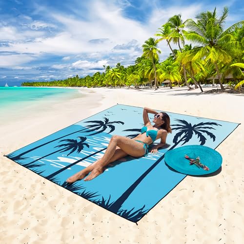 HIHOHO Beach Blanket Waterproof Sandproof Extra Large Beach Mat 79" X 83"/120"x108"for 1-8 Adults Quick Drying Durable Outdoor Picnic Mat for Beach Travel Camping Hiking - color: Coconut Tree - Blue Sky, size: 79" X 83"（1~3 person）