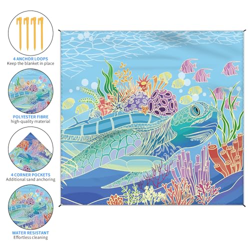 Beach Blanket Waterproof Sandproof Large Beach Mat 79" X 83" for 2-4 Adults Sand Free Mat Quick Drying,Lightweight & Durable with 4 Stakes & 4 Corner Pockets for Beach Travel Camping.(Sea Turtle) - color: Sea Turtle, size: 79" X 83"