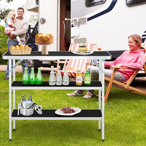 Goplus Folding Camping Table, Portable Pop-Up Bar Table with 2-Tier Storage Shelves, Removable Cloth Cover, Aluminum Foldable Camp Table for Picnic, Tailgate, Party, Travel, Outdoor - color: Black