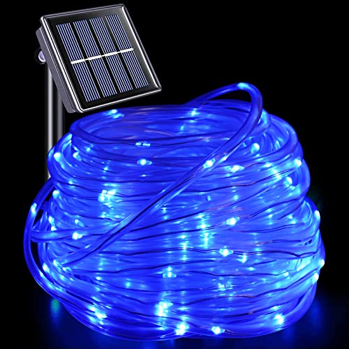 YEGUO Solar Rope Lights Outdoor Waterproof, 66ft 200 LED Blue String Lights, 8 Modes Fairy Lights in Clear Thin Tube - color: Blue