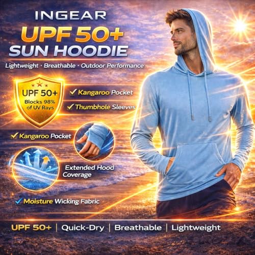INGEAR Men’s UPF 50+ Sun Hoodie - Lightweight UV Protection Fishing Shirt, Quick-Dry Moisture-Wicking Rash Guard with Pocket - color: Navy, size: XX-Large