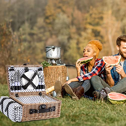 Picnic Basket for 4 Persons with Waterproof Picnic Blanket and Insulated Cooler, Large Wicker Picnic Basket for Camping, Outdoors, Valentine's Day, Christmas, Birthday, Wedding Gift - color: Brown＆white Spots